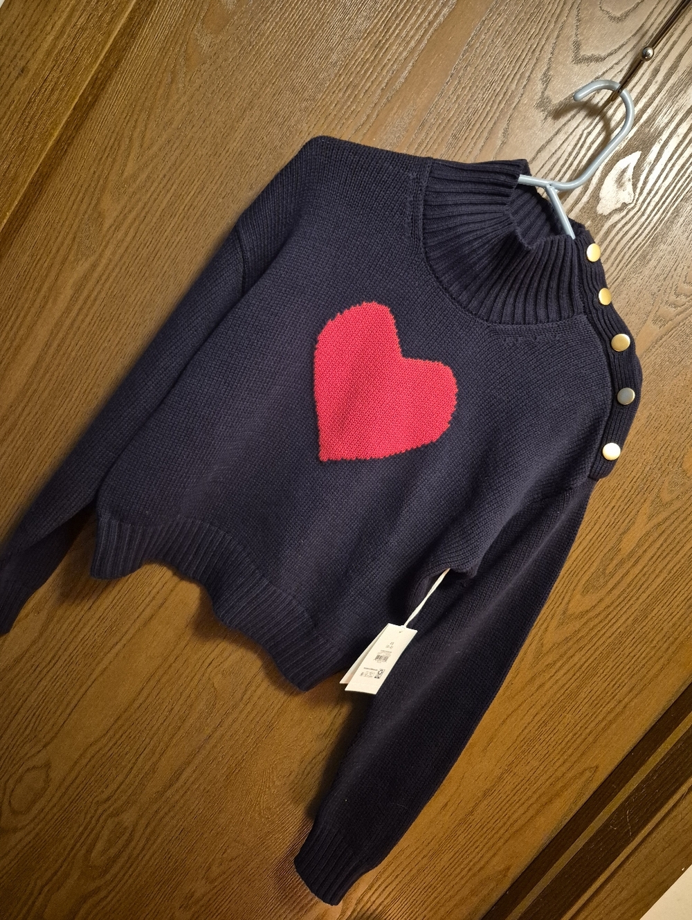 NWT Navy Heart Accent Button-Shoulder Sweater - Red Heart Size XS